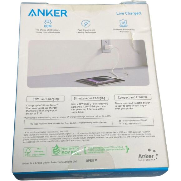 Anker 33W 2-Port Wall Charger USB-C + USB-A Fast PD Quick Charge White 323 - Picture 5 of 7